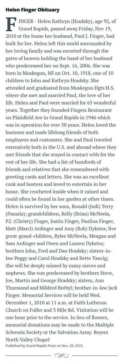 Fingers Restaurant - Helen Finger Obituary 2010 (newer photo)